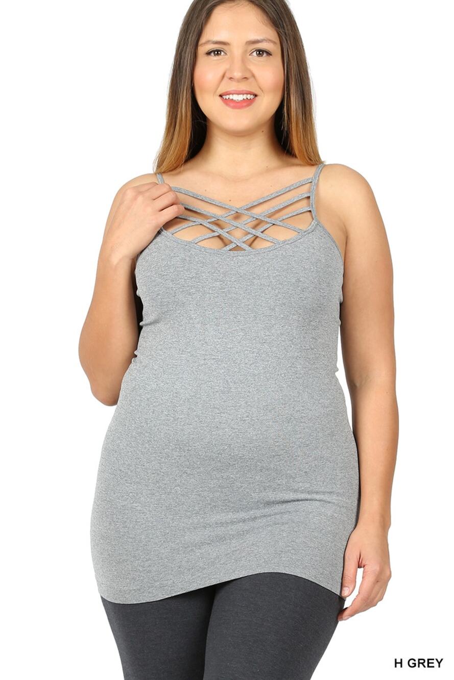 2X/3X Zenana Heather Grey Triple Criss-Cross Cami seamless plus sized camisole